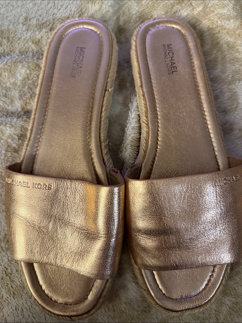 Michael Kors Metallic Rose Gold Leather Espadrille Slide Sandals Size 10